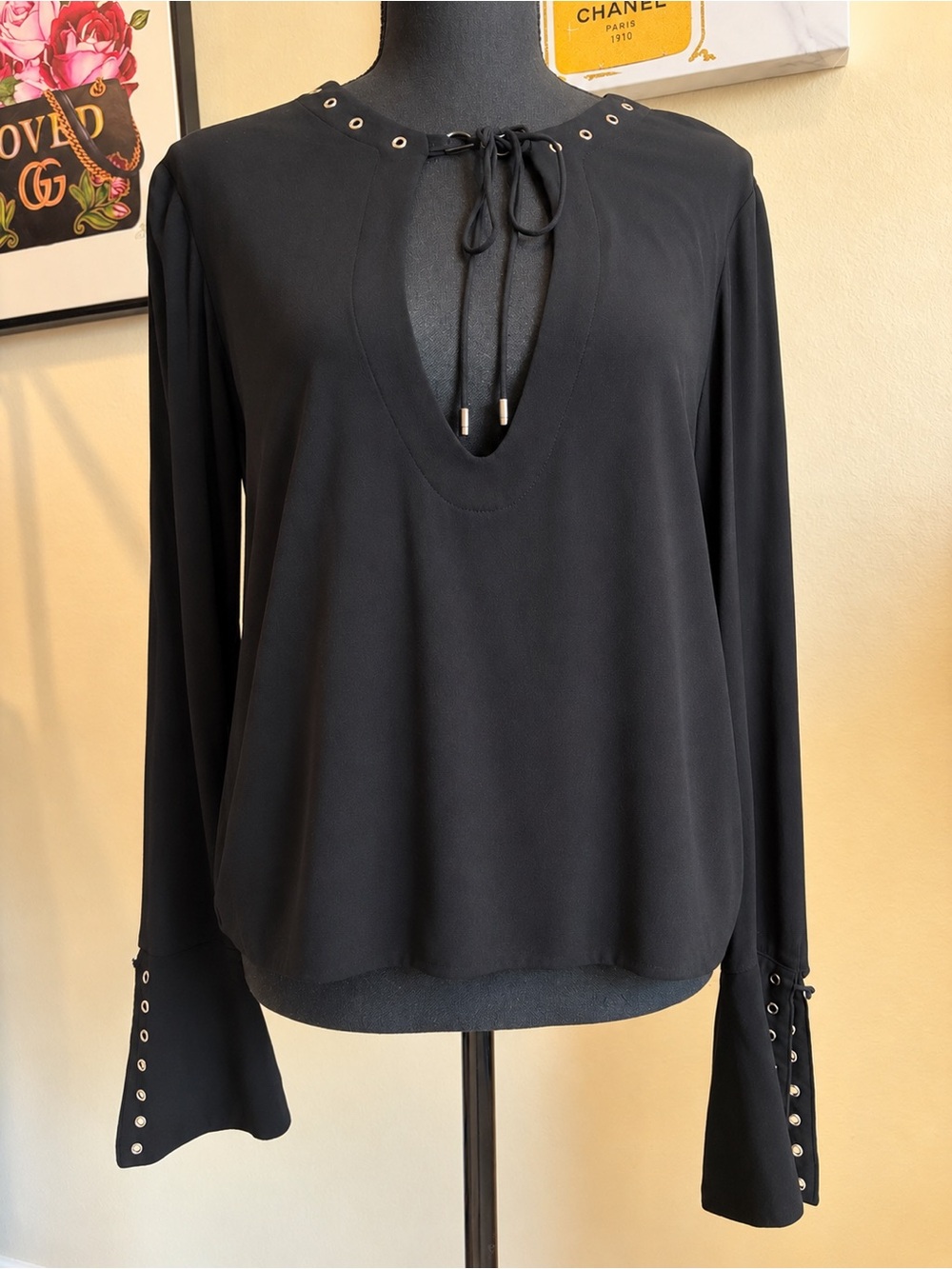 Free People Black Long-Sleeve Eyelet Tie-Neck Blouse